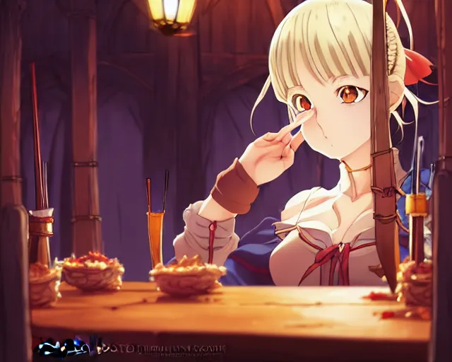 Prompt: anime visual, portrait of a young female in a busy fantasy medieval tavern interior at night, cute face by yoh yoshinari, murata range, last exile, blue submarine no 6, dynamic pose, dynamic perspective, detailed silhouette, rich texture, seven deadly sins anime, anime cels, matte color, flat lighting, rounded eyes