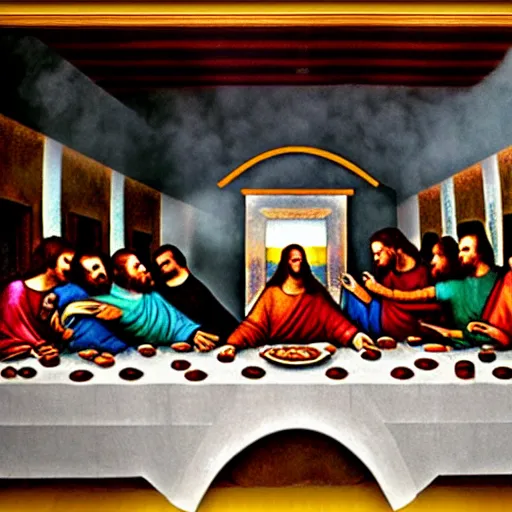 Prompt: The Last Supper, made of colored smoke