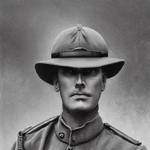 Image similar to a detailed photorealistic sepia - toned color portrait painting of a 1 9 1 7 worried clean - shaven british lieutenant in detailed field gear wearing a finely - detailed pith helmet in wadi rum, ultra realistic, intricate details, atmospheric, dark, horror, brooding, highly detailed, by clyde caldwell