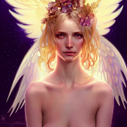 Image similar to Winged girl angel covered in eyes with blonde hair and glowing halo, iridescent, seraphim, fantasy, intricate, elegant, highly detailed, digital painting, artstation, concept art, smooth, sharp focus, illustration, art by Krenz Cushart and Artem Demura and alphonse mucha