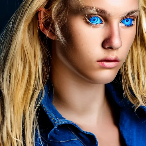 Image similar to Close up 35mm nikon photo of the left side of the head of a dressed young blond model with gorgeous blue irises and wavy long blond hair, who looks directly at the camera. ,.