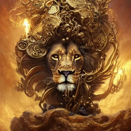 Image similar to a beautiful detailed 3 d matte portrait of a alchemist lion, by ellen jewett, by tomasz alen kopera, by justin gerard, ominous, magical realism, texture, intricate, skull, skeleton, gold coins, money, whirling smoke, alchemist bottles, radiant colors, fantasy, volumetric lighting, high details