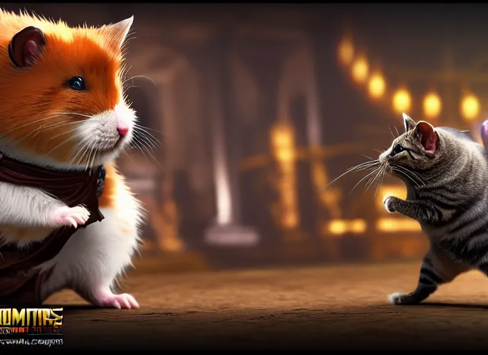 Image similar to hamster fights a cat in mortal kombat on the background of a laughing shao khan. fantasy magic style. highly detailed 8 k. intricate. lifelike. soft light. sony a 7 r iv 5 5 mm. unreal engine with nanite and path tracing