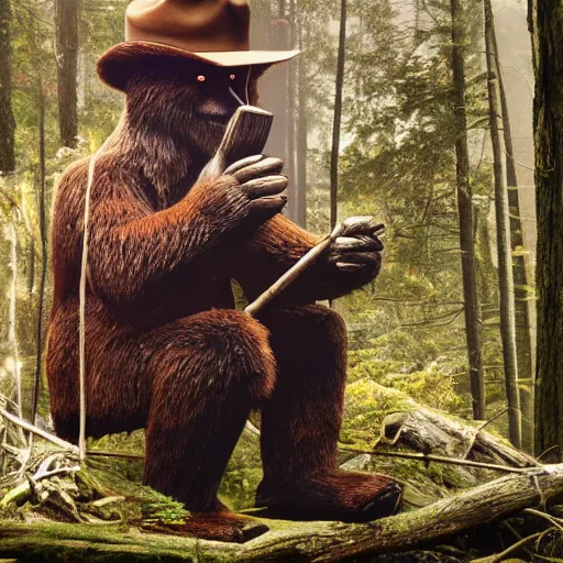 Image similar to UHD canndid photo of Smokey The Bear in the woods, sitting on the porcelain throne, by Annie leibowitz, photorealisitc, extremely detailed