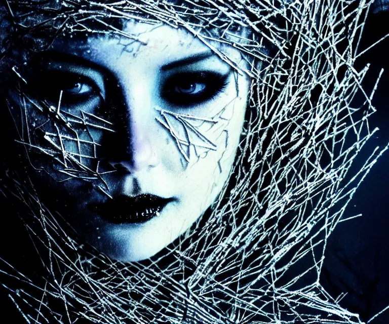 Image similar to aerial photo stunning otherworldly gothic goddess of ice fire, dark and mysterious, atmospheric, ominous, eerie, cinematic, epic, 8 k, 4 k, ultra detail, ultra realistic, rendered by awesomeness. nights falling wind is blowwing snow is pilling concept art in style of carne griffiths artwork by xsullo el anatsui