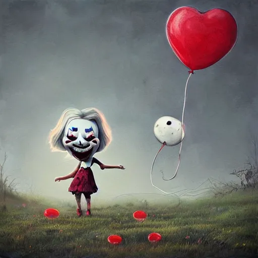 Image similar to grunge cartoon landscape painting of bilie eilish with a wide smile and a red balloon by - michal karcz, loony toons style, pennywise style, horror theme, detailed, elegant, intricate