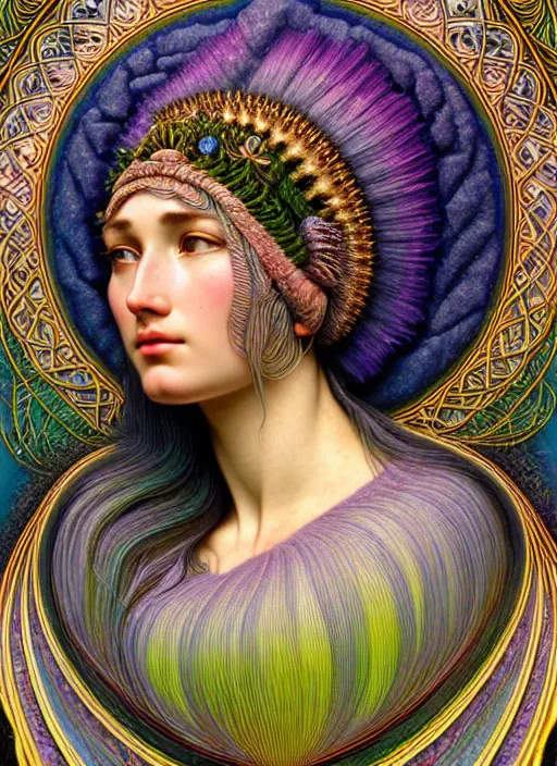 Prompt: hyperrealistic detailed face portrait of the beautiful goddess of the northern lights with an intricate headgear of a beautiful landscape, art by ernst haeckel, john william godward, android jones, alphonso mucha, h. r. giger, gothic - cyberpunk, ornamental, dimmed pastel colours,