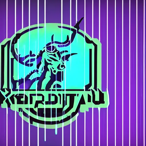 Prompt: stylized cyberpunk minotaur logo, cyan, matrix rain background