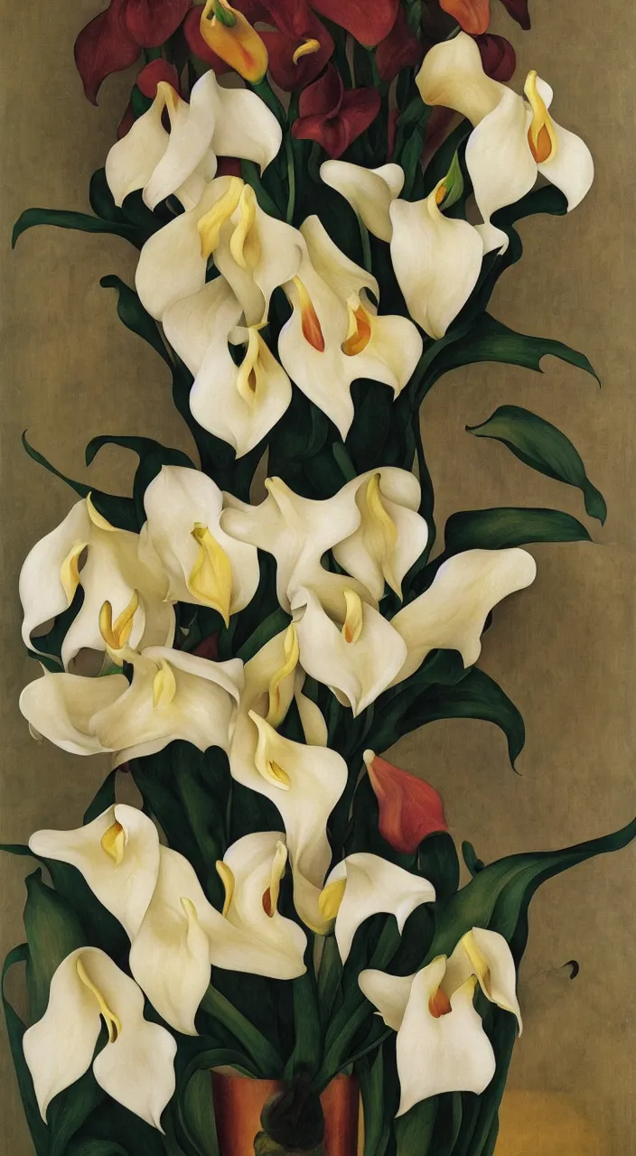 Image similar to portrait of a cream colored havanese dog with a bouquet of calla lillies, mexico, painting by diego rivera realism aztec modernism 1 9 3 5