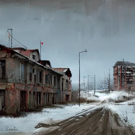 Image similar to painting of a abandoned post soviet town by jakub rozalski