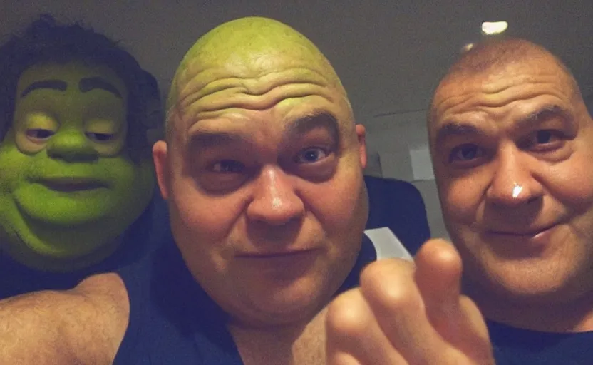 Image similar to my uncle that look like shrek if he was real accidentally taking a selfie, front camera, camera flash is so bright in his face, viral, selfie, viral on twitter, viral on instagram, viral photo