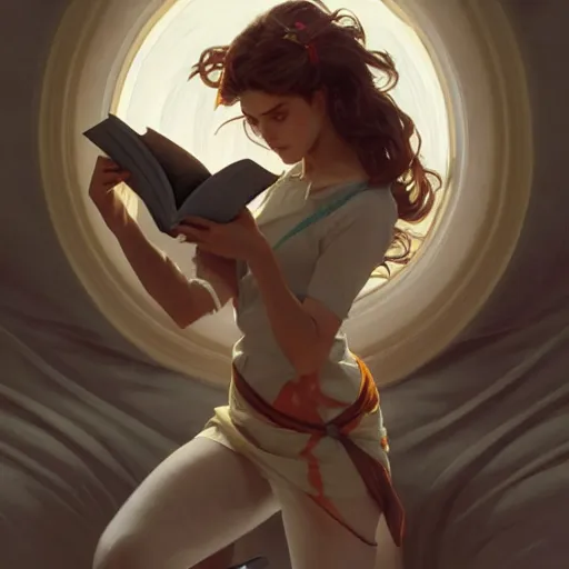 Image similar to a girl reading a book, dynamic action pose, hair flowing down, intricate, highly detailed, digital painting, artstation, concept art, smooth, sharp focus, illustration, Unreal Engine 5, 8K, art by artgerm and greg rutkowski and alphonse mucha