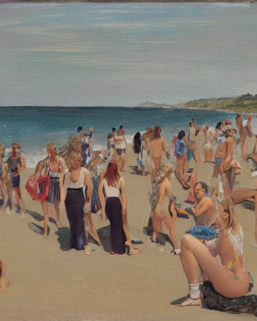 Image similar to a crowd of blonde women, beach