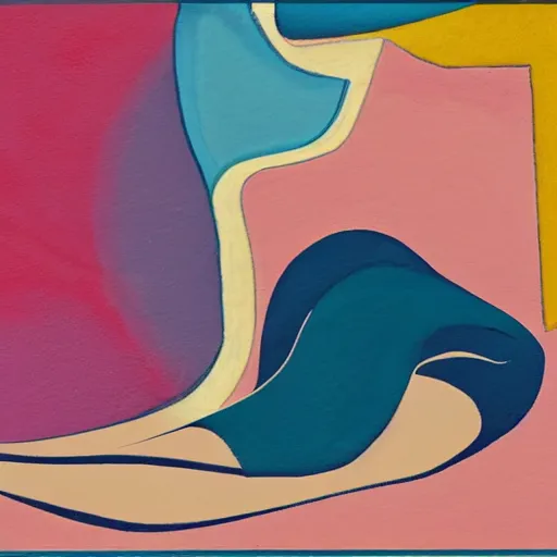 Prompt: Woman bends and stretches by the seashore while the waves approach and recede, abstract art in the style of cubism and Georgia o keefe,
