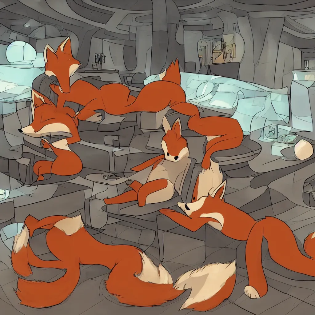 Image similar to anthropomorphic, furry, anthro, fox lounging in a futuristic hotel, film scene