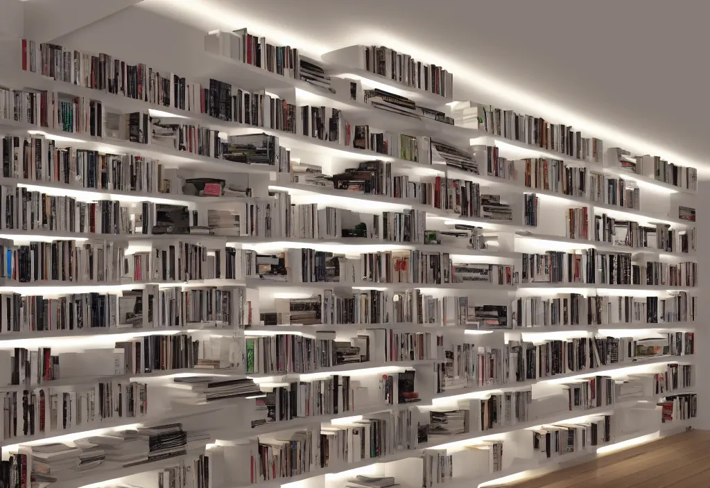 Image similar to bookshelves with led strip lights under each shelf, up close, homes and gardens, super detailed render, award winning,