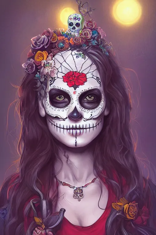 Image similar to illustration of a sugar skull day of the dead girl, art by jordan grimmer