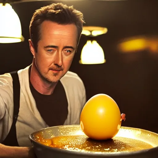 Image similar to an egg frying in a pan with edward norton as the yolk, cinematic, dramatic lighting