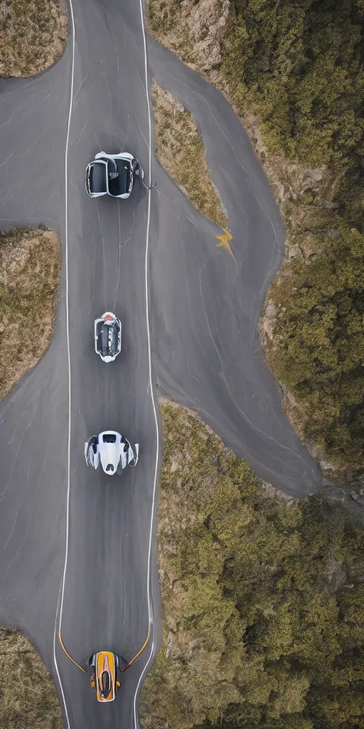 Image similar to detailed dji mavic flying over a mountain road with a super car on it, photo, kodak portra 4 0 0, direct flash, cinematic lightning, anti aliasing