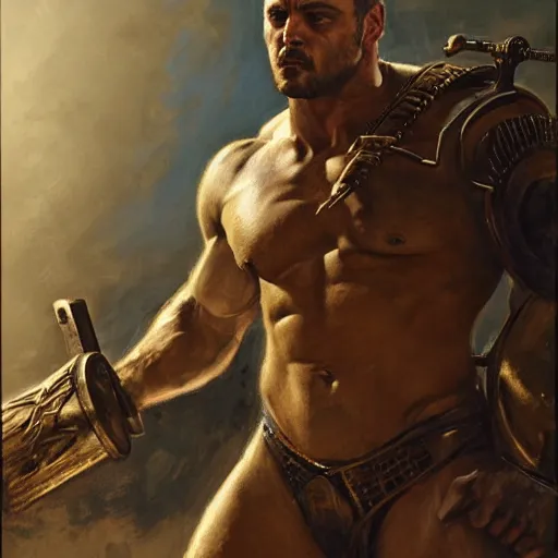 Image similar to handsome portrait of a spartan guy bodybuilder posing, radiant light, caustics, war hero, metal gear, steel bull run, by gaston bussiere, bayard wu, greg rutkowski, giger, maxim verehin