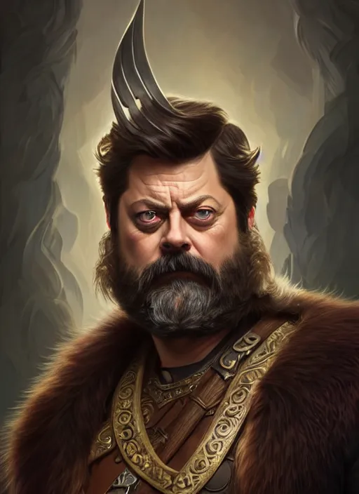 Prompt: portrait of nick offerman as odin, d & d, muscular, eyepatch! fantasy, intricate, elegant, highly detailed, digital painting, artstation, concept art, smooth, sharp focus, illustration, art by artgerm and greg rutkowski and alphonse mucha