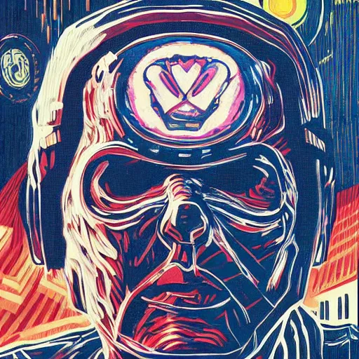 Image similar to Illustrated by Shepard Fairey and Greg Rutkpwski | Cyberpunk Van Gogh with VR helmet, surrounded by cables