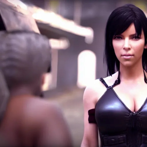 Image similar to kim kardshian playing tifa lockhart in the final fantasy movie trailer, cinematic still, 8 k hdr film