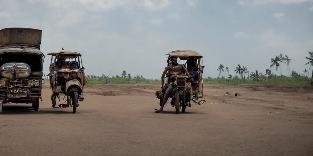 Image similar to sri lankan mad max style, tuk tuk, film still, epic shot cinematography, rule of thirds