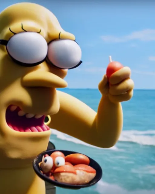 Prompt: film still close - up shot of homer simpson eating eggs on the beach from the tv show rick & morty. photographic, photography