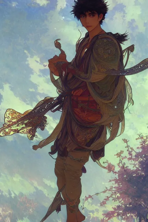 Image similar to pakistani teenage boy as an anime protagonist, fantasy, intricate, elegant, highly detailed, digital painting, artstation, concept art, smooth, sharp focus, illustration, art by gaston bussiere and alphonse mucha