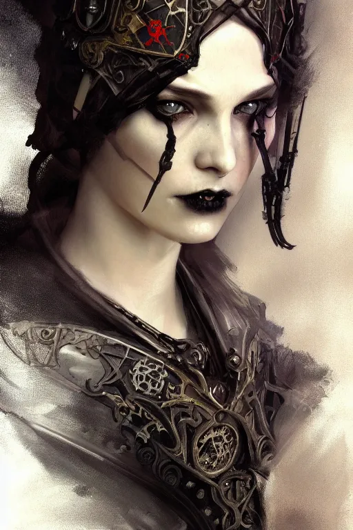 Prompt: beautiful and gothic and sinister and luxury and dieselpunk young medieval female knight portrait +smoky eyes+front face with light flowing hair, ultradetail face, art and illustration by tian zi and craig mullins and WLOP and alphonse mucha, fantasy, intricate complexity, human structure, human anatomy, fantasy character concept, watermark, blurry, hyperrealism 8k