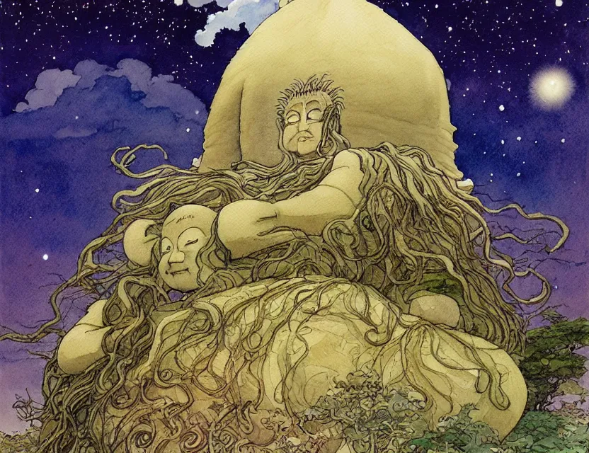 Image similar to a hyperrealist studio ghibli watercolor fantasy concept art of a giant long haired buddha in lotus position in stonehenge with a starry sky in the background. a scary lovecraftian ufo is floating in the air. by rebecca guay, michael kaluta, charles vess