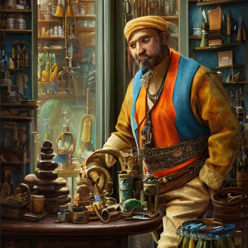 Prompt: A Anthropomorphized parrot trader in his shop, selling his wares, portrait, items, gold, carpet, window, sly expression, cunning expression, D&D, fantasy, intricate, cinematic lighting, highly detailed, digital painting, artstation, concept art, smooth, sharp focus, illustration, art by Akihiko Yoshida, Greg Rutkowski