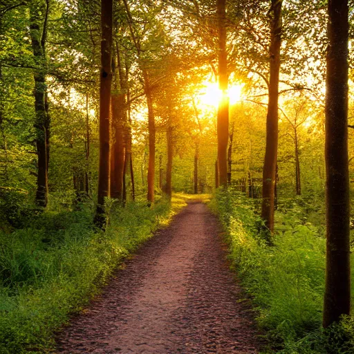 Image similar to Dutch forest trail in summer, photo, golden hour, award winning