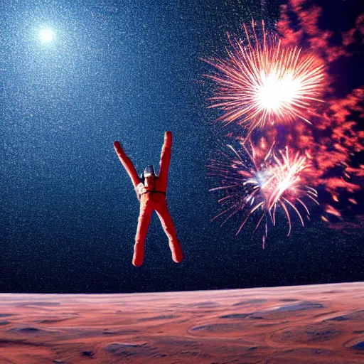 Image similar to 4 k hdr photo of elon musk doing a backflip on the surface of mars during a blue martian sunset surrounded by fireworks in the background