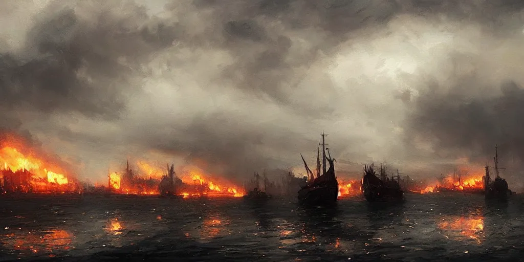 Prompt: Hyper realistic oil painting of a medieval fleet burning, dark smoke rising to the skies, stormy weather, dark clouds, fog, moody cinematic lighting, atmospheric, dark, by Greg Rutkowski, trending on artstation