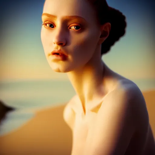 Prompt: photographic portrait of a stunningly beautiful renaissance female in soft dreamy light at sunset, odd looking, beside the river, soft focus, contemporary fashion shoot, hasselblad nikon, in a denis villeneuve and tim burton movie, by edward robert hughes, annie leibovitz and steve mccurry, david lazar, jimmy nelsson, extremely detailed, breathtaking, hyperrealistic, perfect face