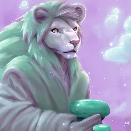 Image similar to aesthetic portrait commission of a albino male furry anthro lion under a lavender bubble filled while wearing a cute mint colored cozy soft pastel winter outfit with pearls on it, winter atmosphere. character design by artgerm, and makoto shinkai, detailed, inked, western comic book art, 2 0 2 0 award winning painting