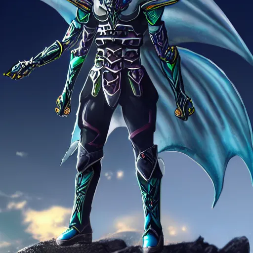 Prompt: High Fantasy Kamen Rider standing in a rock quarry, single character, full body, 4k, glowing eyes, daytime, rubber suit, dark blue segmented armor, dragon inspired armor, centered