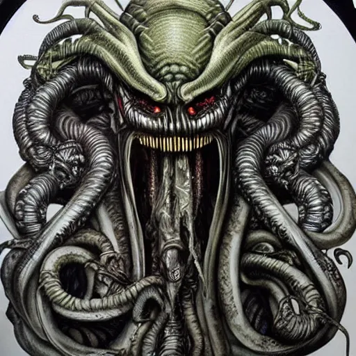 Image similar to xenomorph vs Cthulhu, avp, intricate detail, exquisite skill, hr giger, airbrush painting,