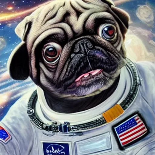 Image similar to hyper realistic, highly detailed, astronaut pug in space.