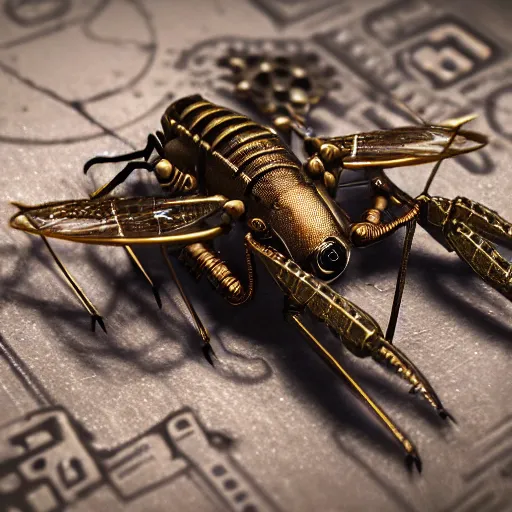 Image similar to robotic steampunk style Mosquito on skin, close-up shot, photorealistic, octane render, insanely detailed, intricate, bronze