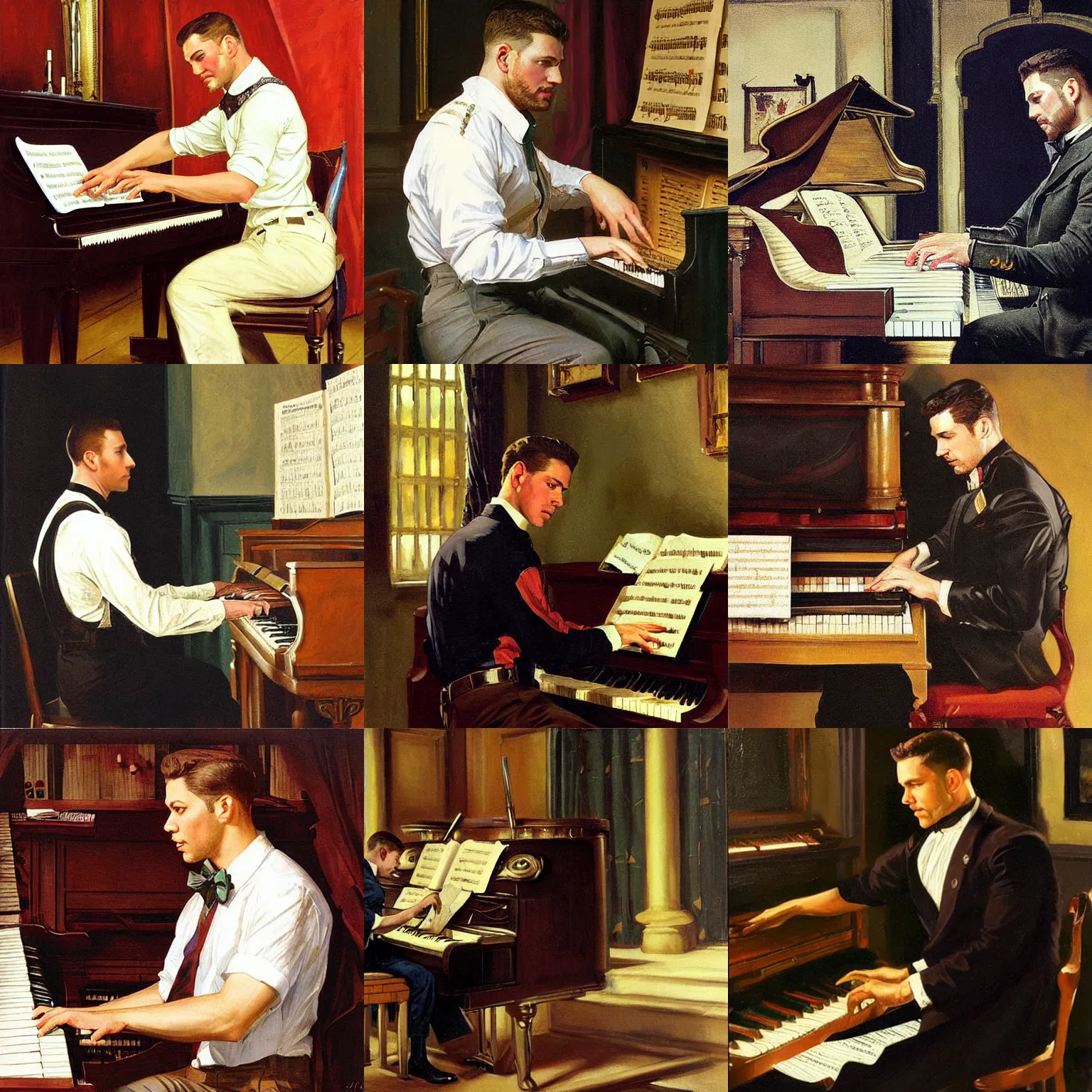 Prompt: chris redfield playing piano, painting by j. c. leyendecker