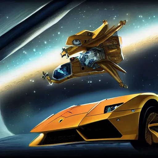 Image similar to harry potter driving a lamborghini in a space station on mars, highly detailed, digital art, trending on artstation