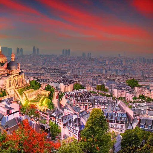 Image similar to the city of Montmartre, but rebuilt in China, intricate detail, photorealistic, 8k, golden hour, landscape, beautiful