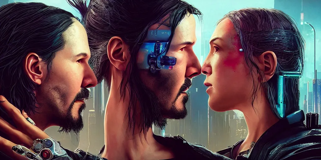 Image similar to a cyberpunk 2077 srcreenshot couple portrait of Keanu Reeves and a female android final kissed in night city,love,film lighting,by Lawrence Alma-Tadema,Andrei Riabovitchev,Laurie Greasley,Dan Mumford,John Wick,Speed,Replicas,artstation,deviantart,FAN ART,full of color,Digital painting,face enhance,highly detailed,8K,octane,golden ratio,cinematic lighting