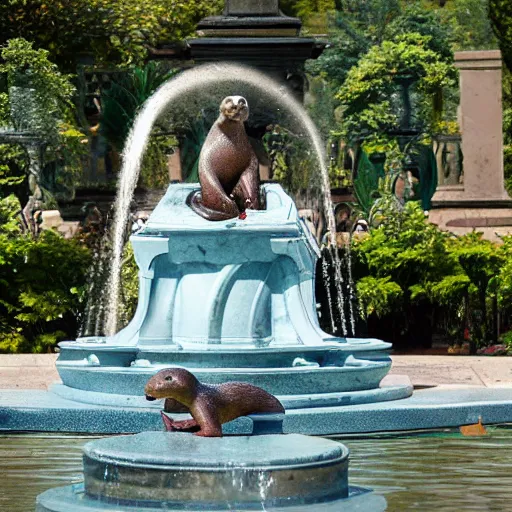 Prompt: a photograph of a marble renaissance statue of an otter squirting water displayed in an elaborate fountain in a beautiful park
