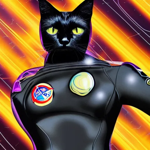 Image similar to black cat in a space suit in style of retro-futurism, 4k, hyper realistic,