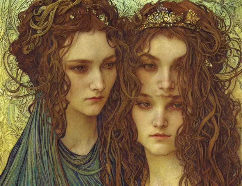 Image similar to detailed realistic beautiful young medieval queen face portrait by jean delville, alphonse mucha, vincent van gogh, and marco mazzoni, art nouveau, symbolist, visionary, gothic, pre - raphaelite