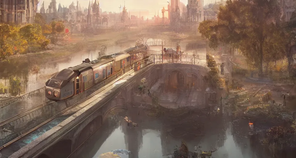 Image similar to An urban train rides inside of a waterway on a fantasy city, next to a fountain and a mystical palace,, hyperdetailed, artstation, cgsociety, golden hour 8k